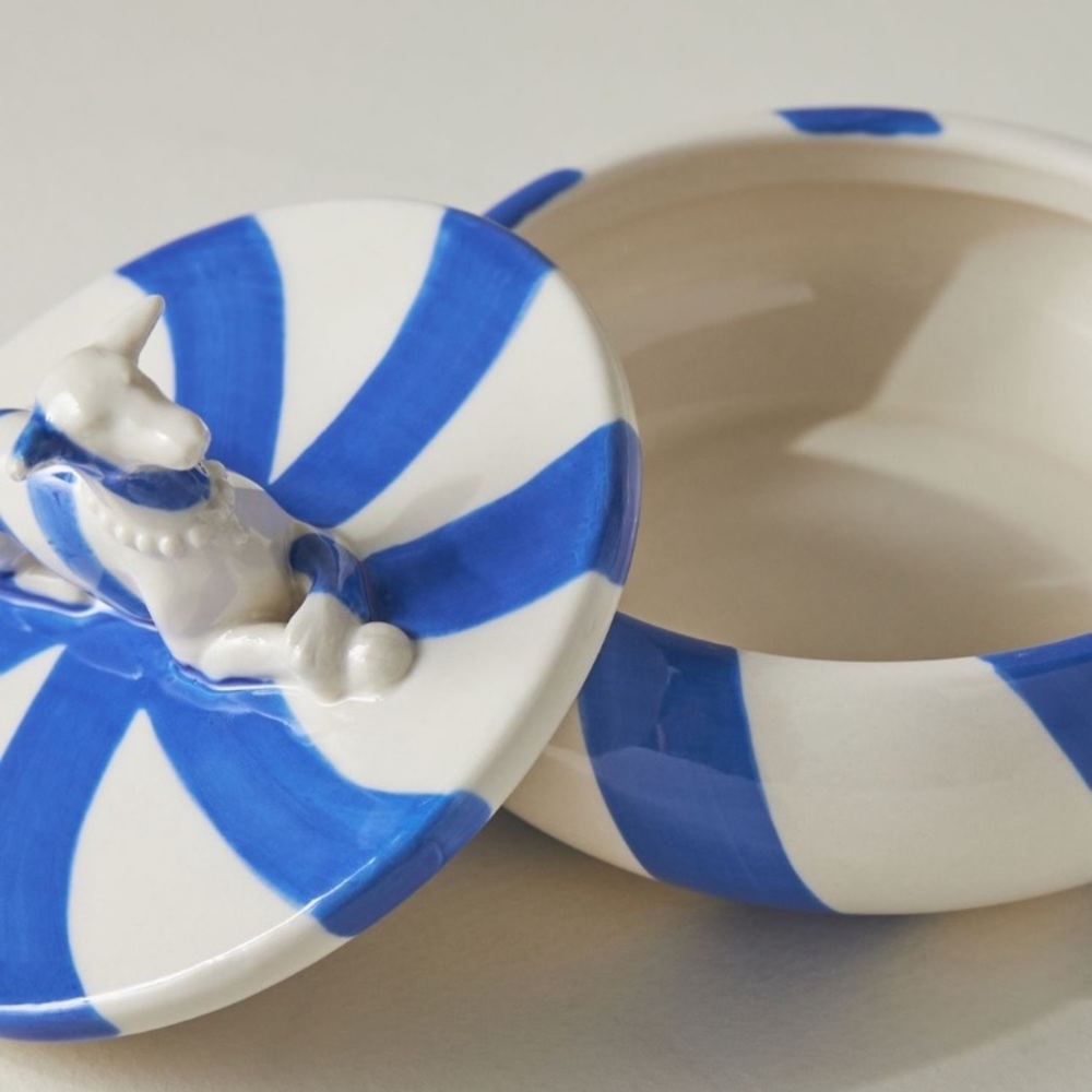Anthropologie Francie Dog Trinket Dish White w/Blue Stripes NWT - Picture 3 of 12